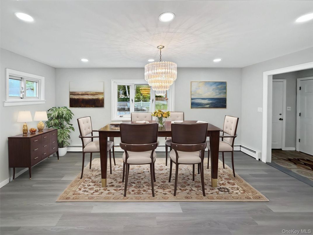 Chandelier, Dining room, Interior, Recessed Lighting, Wood Texture Flooring