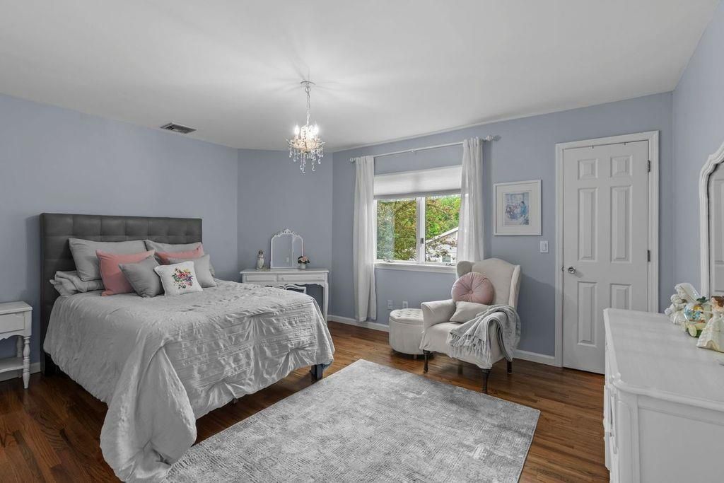 Bedroom, Chandelier, Interior, Wood Texture Flooring