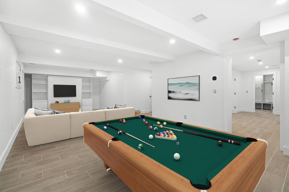 Billiard Table, Game Room, Interior, Living room, Recessed Lighting, Wood Texture Flooring