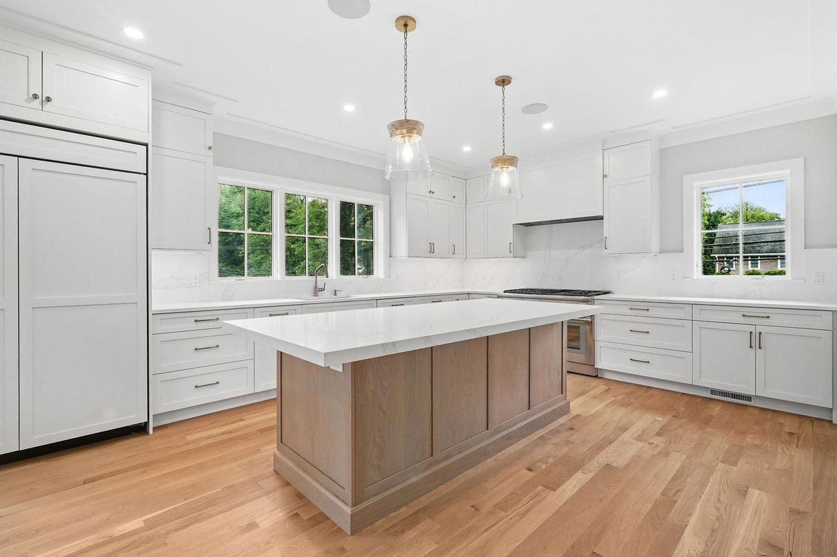 Interior, Kitchen, Marble Walls, Pendant Lights, Recessed Lighting, Wood Texture Flooring