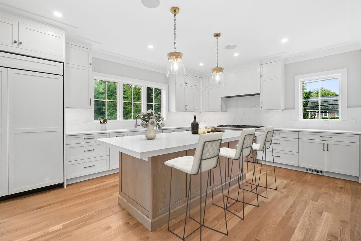 Interior, Kitchen, Marble Walls, Pendant Lights, Recessed Lighting, Wood Texture Flooring