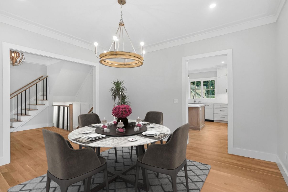 Dining room, Interior, Pendant Lights, Recessed Lighting, Wood Texture Flooring