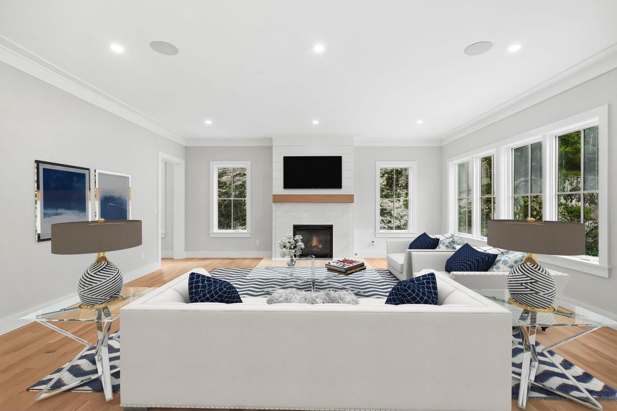 Fireplace, Interior, Living room, Recessed Lighting, Wood Texture Flooring
