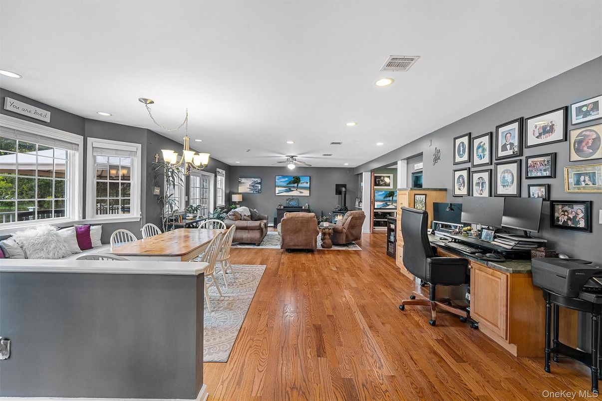 Chandelier, Home Office, Interior, Living room, Recessed Lighting, Wood Texture Flooring