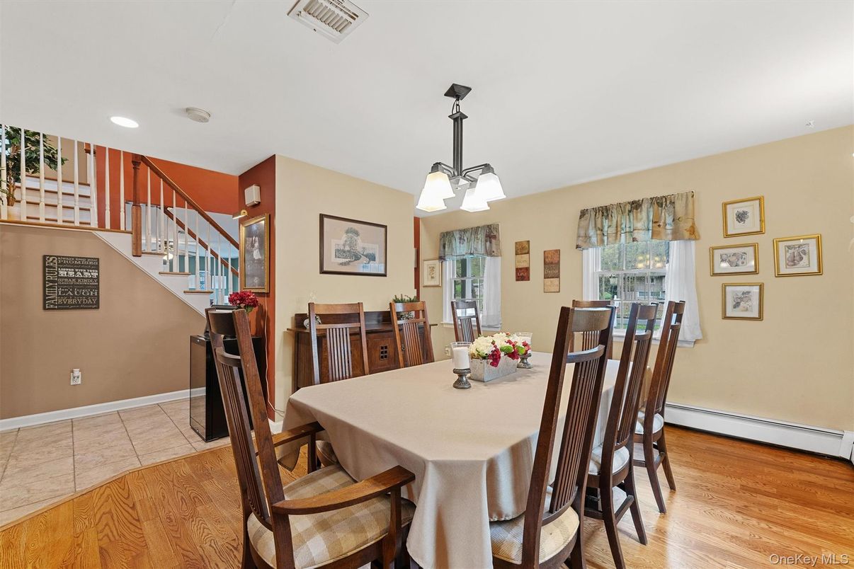 Dining room, Interior, Pendant Lights, Recessed Lighting, Wood Texture Flooring
