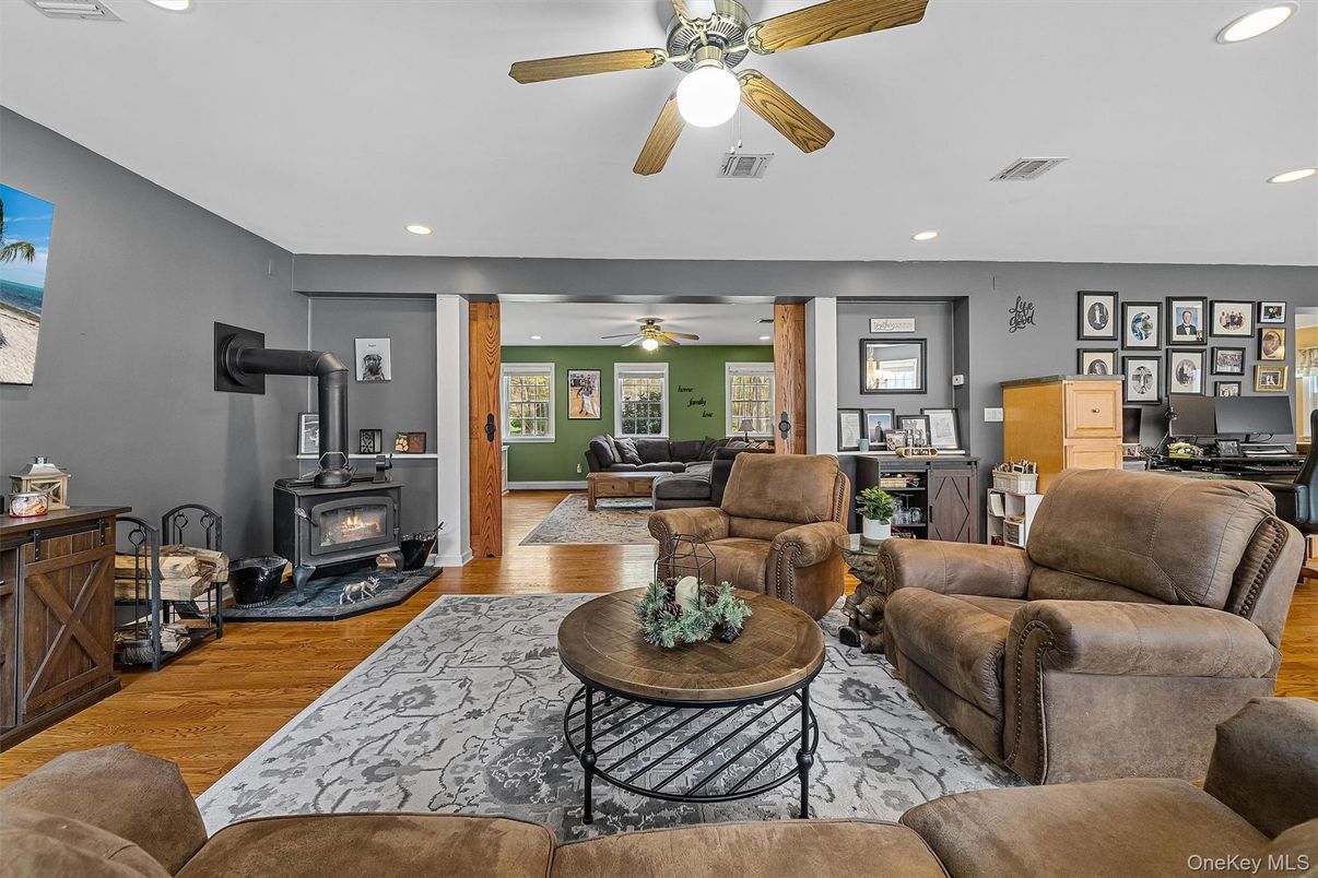 Fireplace, Interior, Living room, Recessed Lighting, Wood Texture Flooring