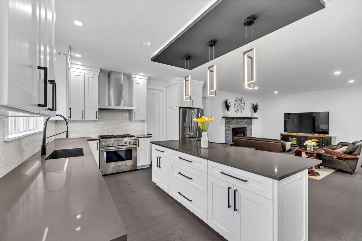 Fireplace, Interior, Kitchen, Pendant Lights, Recessed Lighting, Stainless Steel Appliances, Wood Texture Flooring