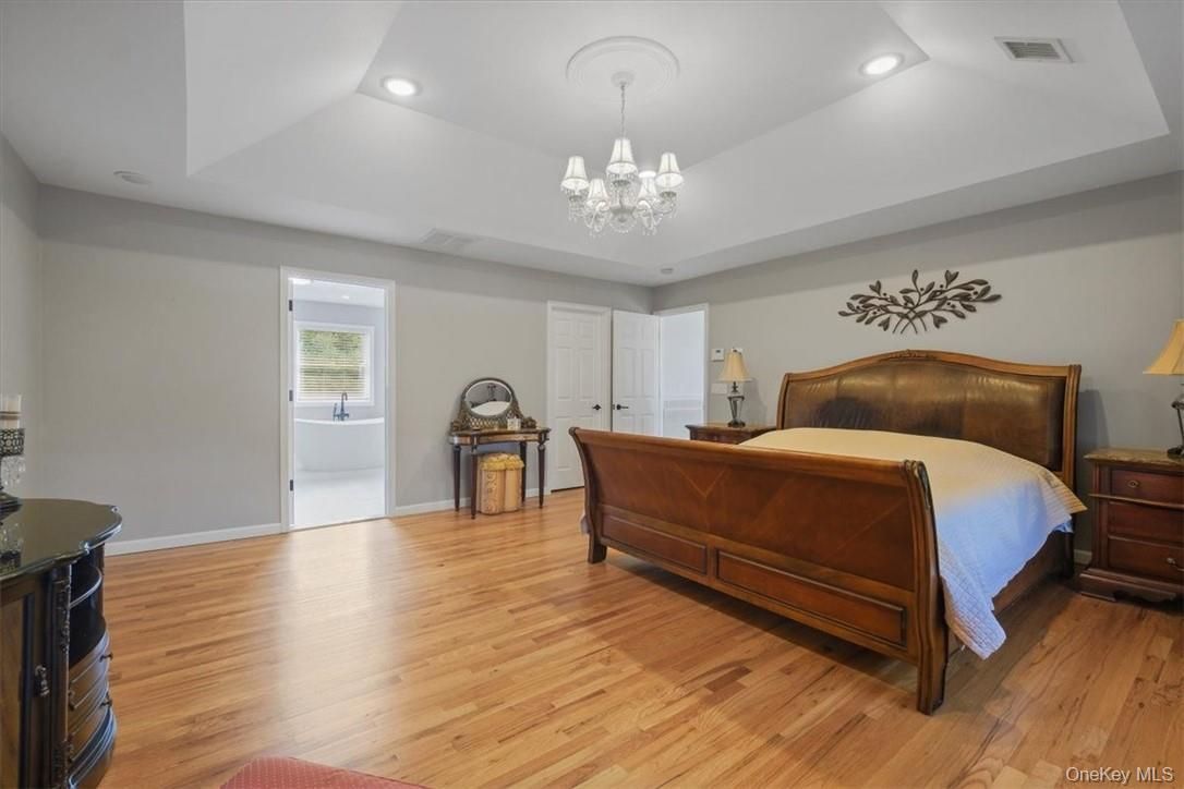 Bedroom, Chandelier, Interior, Recessed Lighting, Wood Texture Flooring