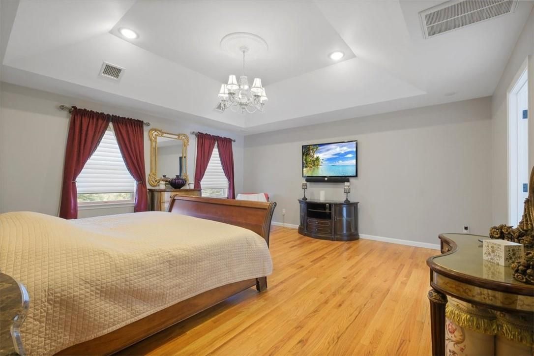 Bedroom, Chandelier, Interior, Recessed Lighting, Wood Texture Flooring