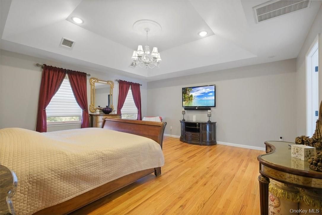 Bedroom, Chandelier, Interior, Recessed Lighting, Wood Texture Flooring