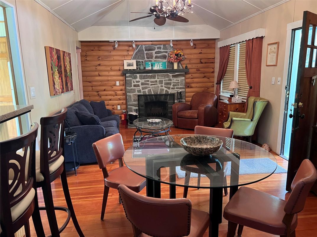 Dining room, Fireplace, Interior, Living room, Wood Texture Flooring, Wooden Walls