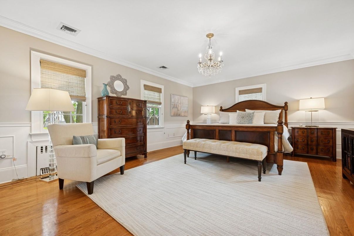 Bedroom, Chandelier, Interior, Wood Texture Flooring