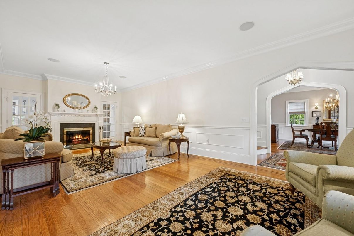 Chandelier, Dining room, Fireplace, Interior, Living room, Wood Texture Flooring