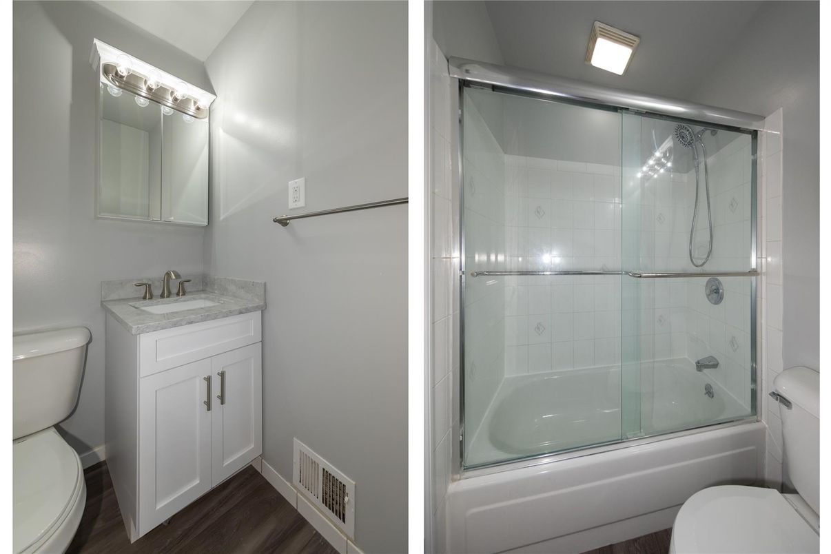 Bathroom, Glass Shower, Interior, Wood Texture Flooring
