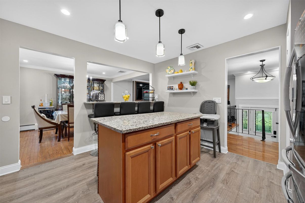 Dining room, Interior, Pendant Lights, Recessed Lighting, Wood Texture Flooring