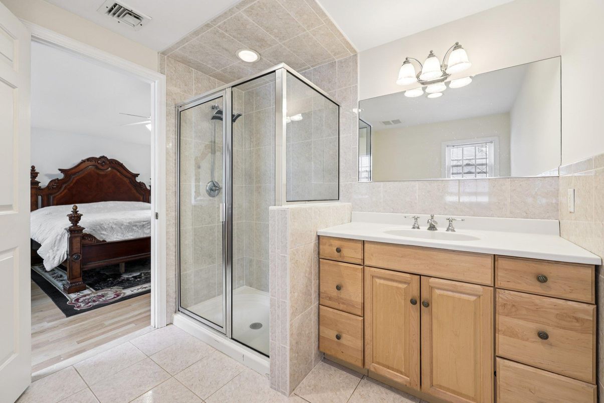 Bathroom, Bedroom, Glass Shower, Interior, Recessed Lighting, Wood Texture Flooring