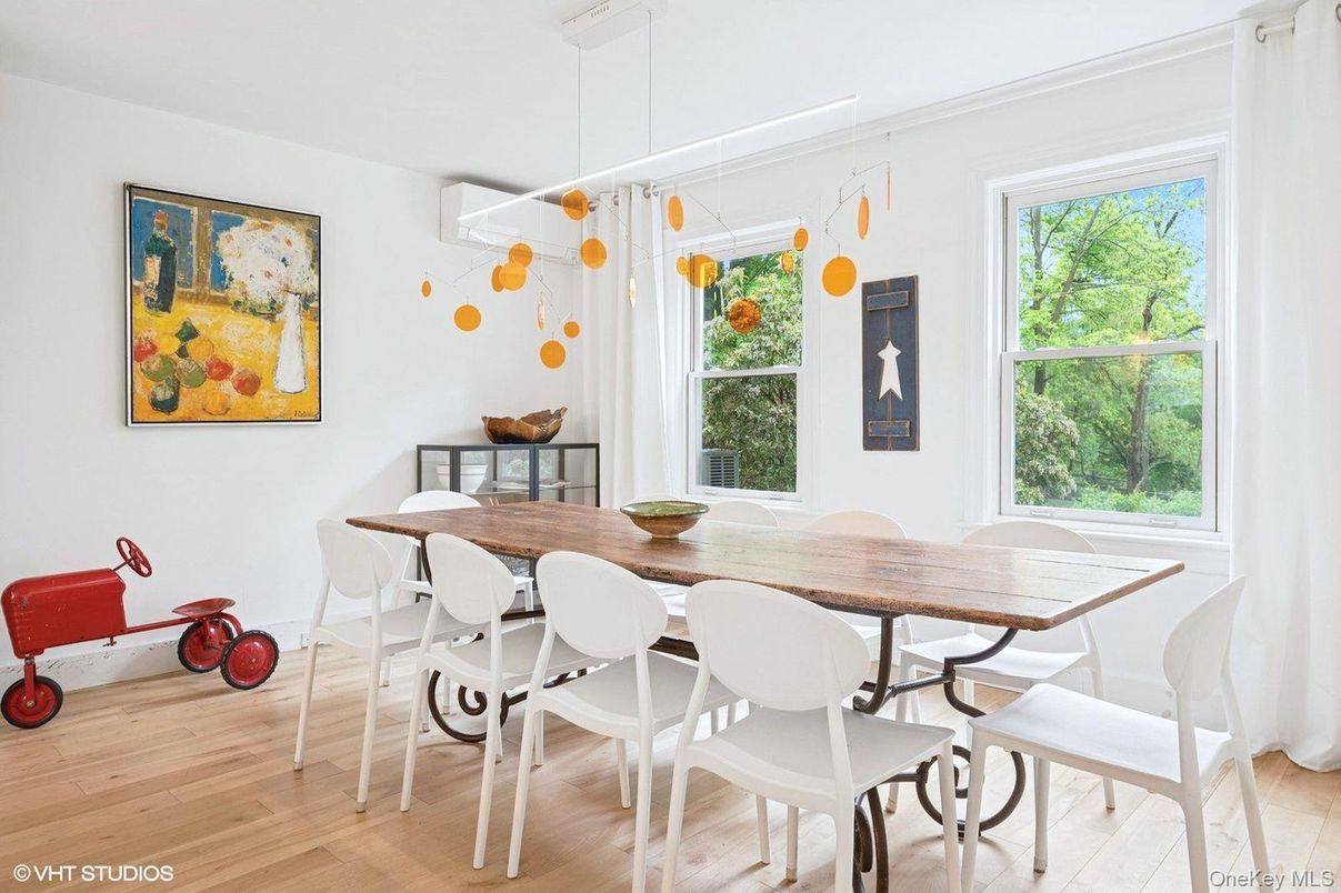 Dining room, Fitness Equipment, Interior, Pendant Lights, Wood Texture Flooring