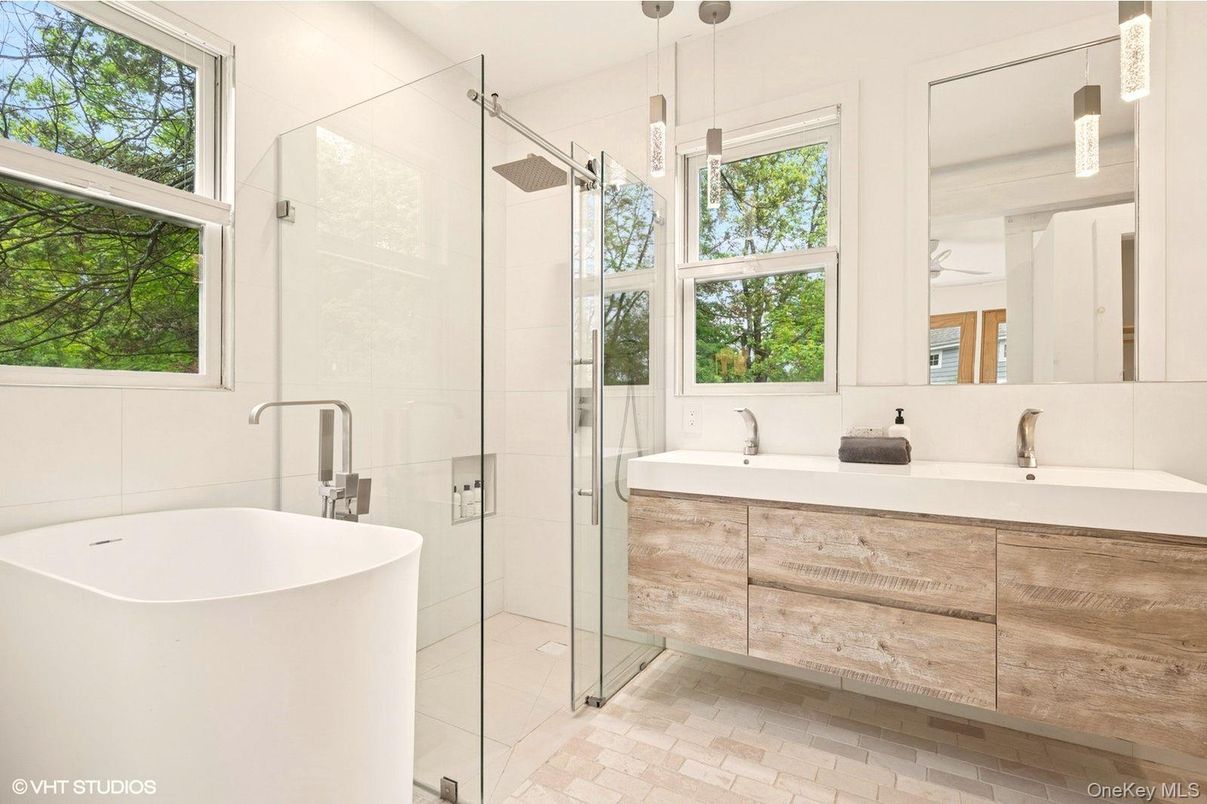 Bathroom, Dual Sink Vanities, Free Standing Baths, Glass Shower, Interior, Pendant Lights