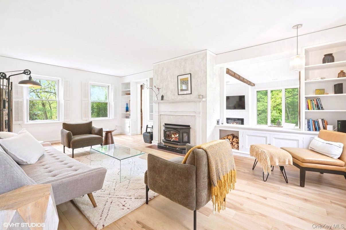 Fireplace, Interior, Living room, Pendant Lights, Wood Texture Flooring