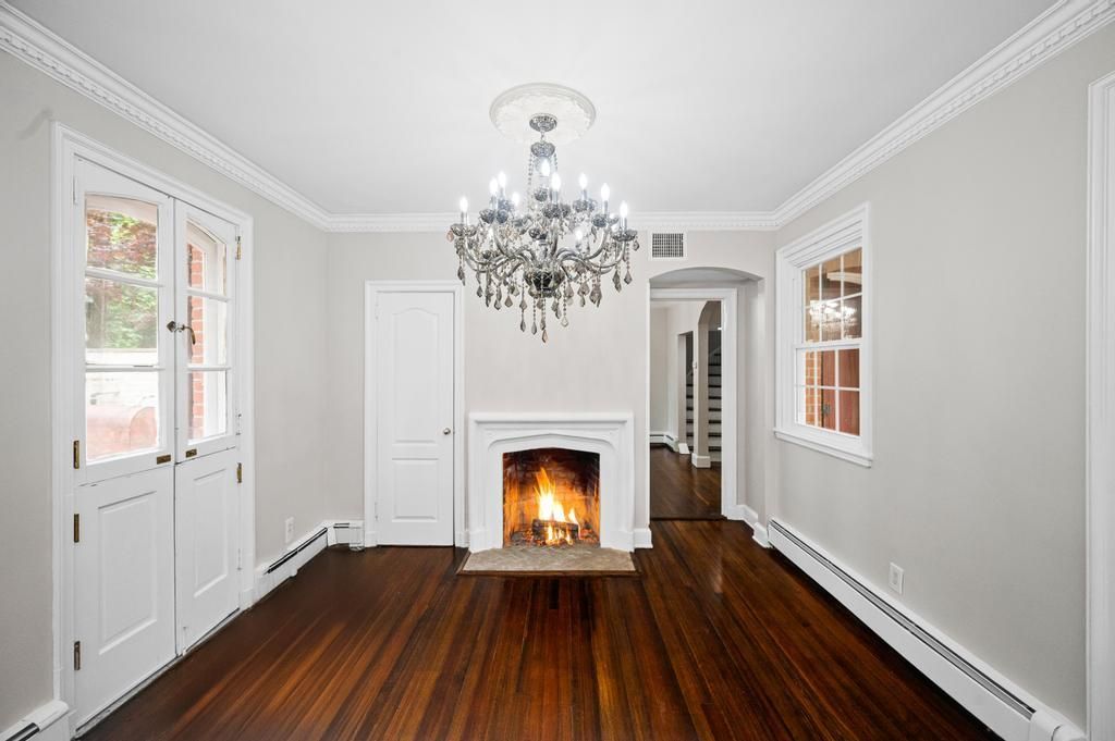 Chandelier, Empty room, Fireplace, Interior, Wood Texture Flooring