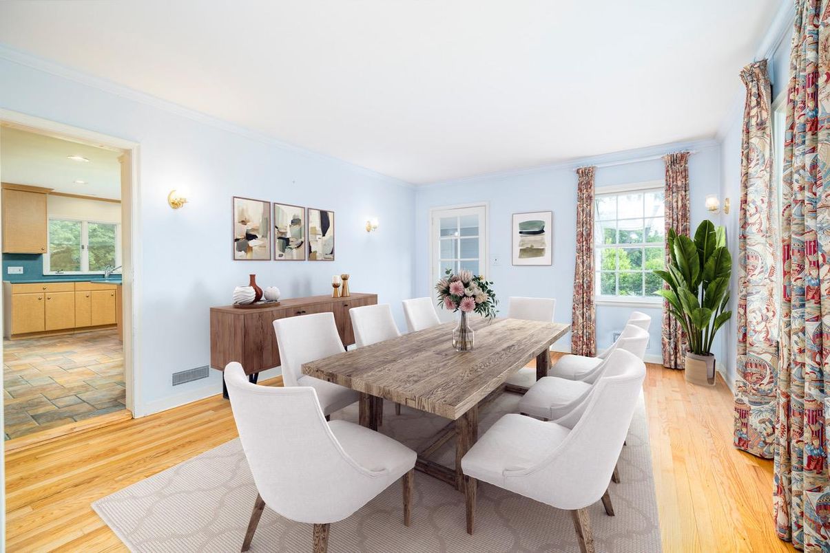 Dining room, Interior, Recessed Lighting, Wood Texture Flooring