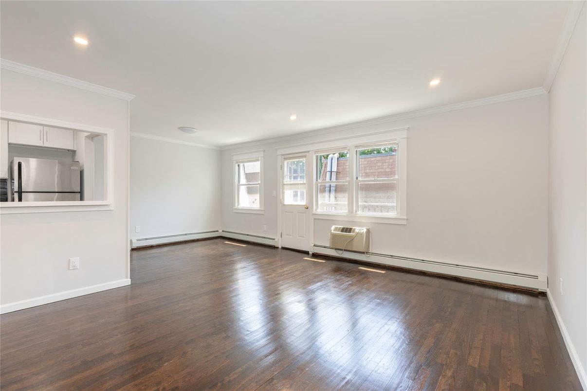 Empty room, Interior, Kitchen, Recessed Lighting, Wood Texture Flooring