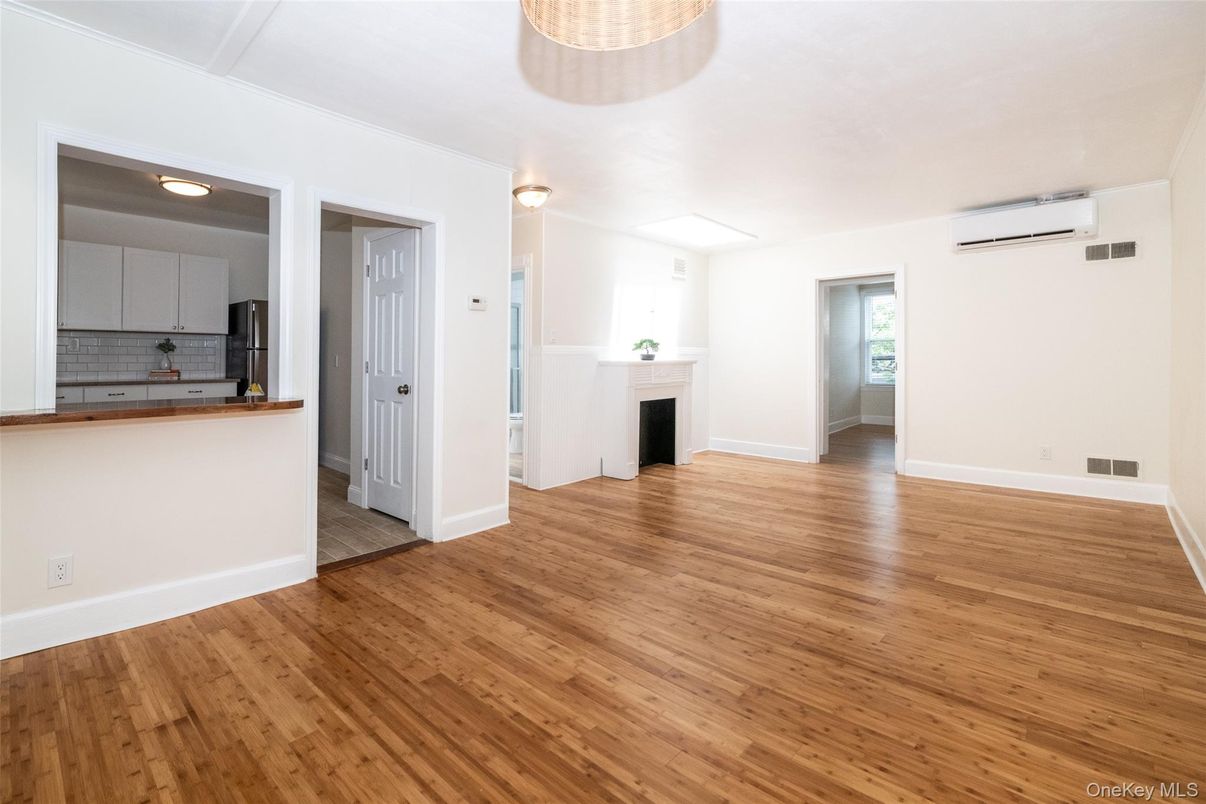 Empty room, Fireplace, Interior, Kitchen, Wood Texture Flooring