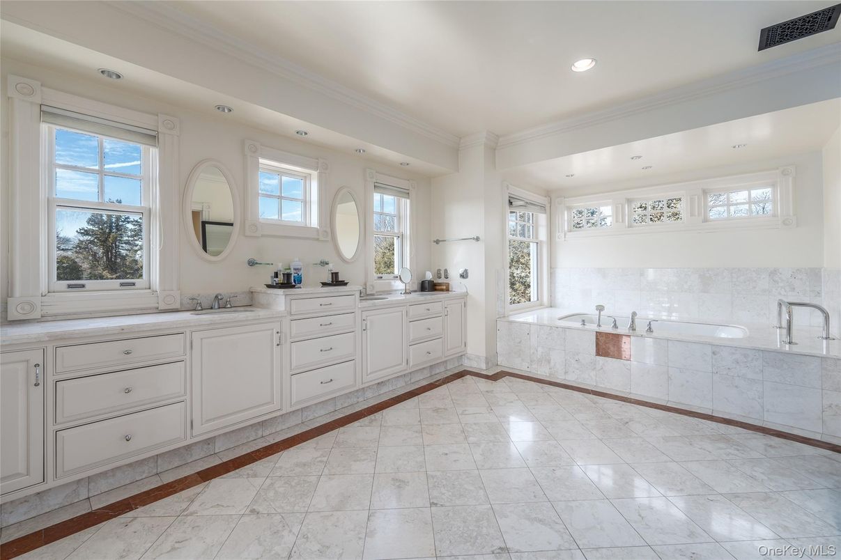 Bathroom, Dual Sink Vanities, Interior, Marble, Recessed Lighting