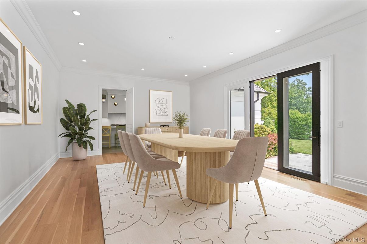 Dining room, Interior, Recessed Lighting, Wood Texture Flooring