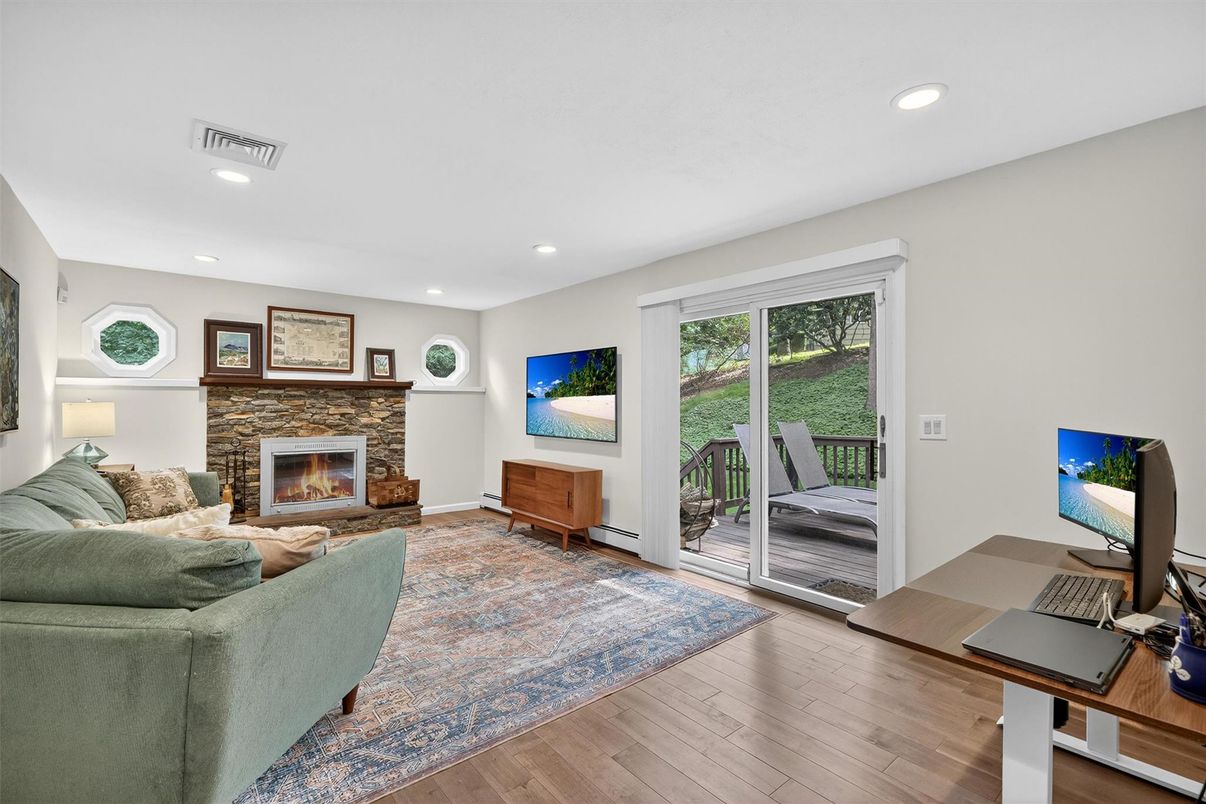 Fireplace, Interior, Living room, Recessed Lighting, Wood Texture Flooring