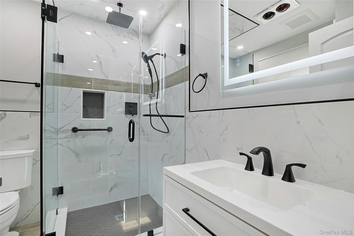 Bathroom, Glass Shower, Interior, Marble Walls, Recessed Lighting