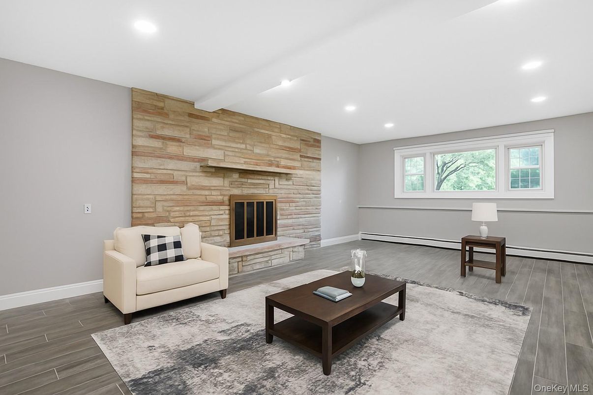 Interior, Living room, Recessed Lighting, Stone Walls, Wood Texture Flooring, Wooden Walls