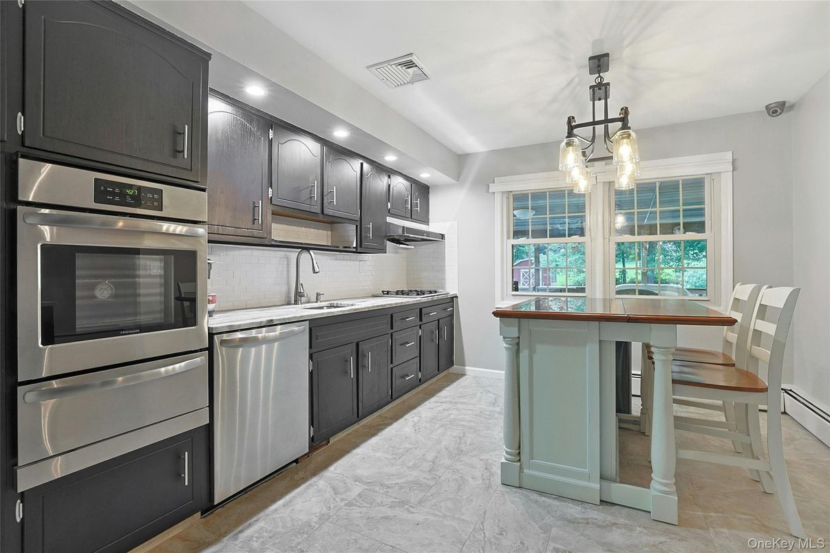 Interior, Kitchen, Marble, Pendant Lights, Recessed Lighting, Stainless Steel Appliances