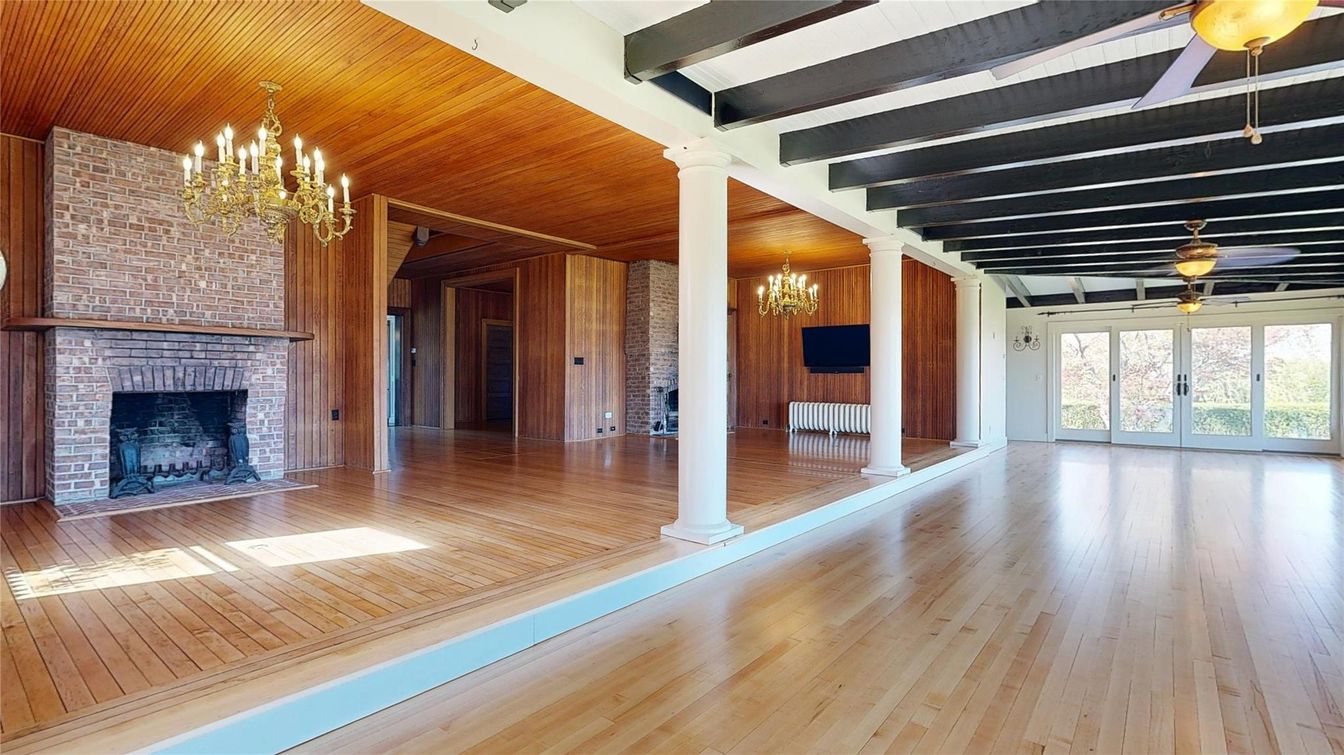 Chandelier, Empty room, Fireplace, Interior, Stone Walls, Wooden Beams, Wooden Ceilings, Wood Texture Flooring, Wooden Walls