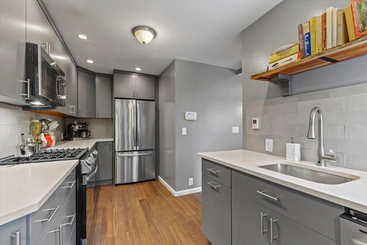 Interior, Kitchen, Recessed Lighting, Stainless Steel Appliances, Wood Texture Flooring
