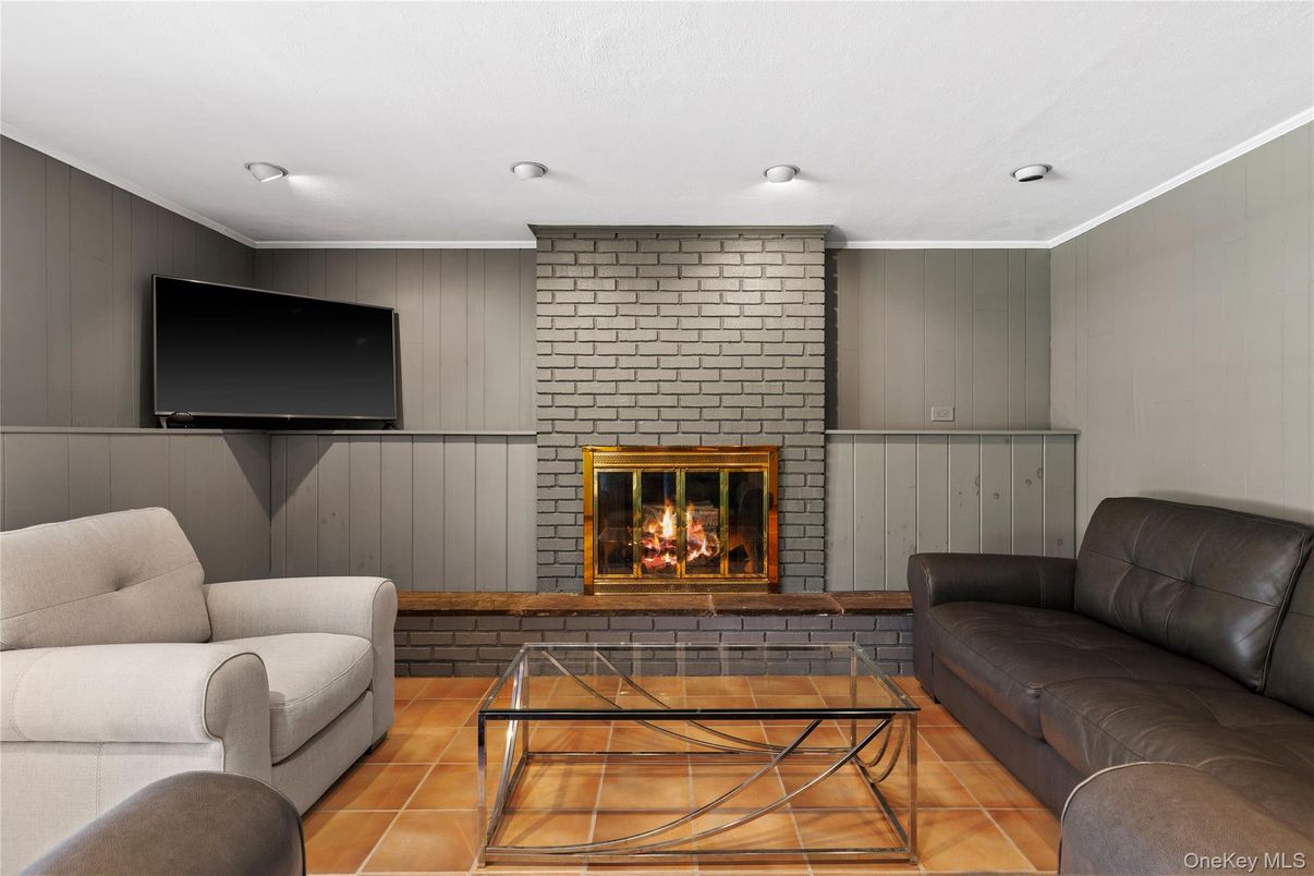 Fireplace, Interior, Living room, Recessed Lighting, Stone Walls