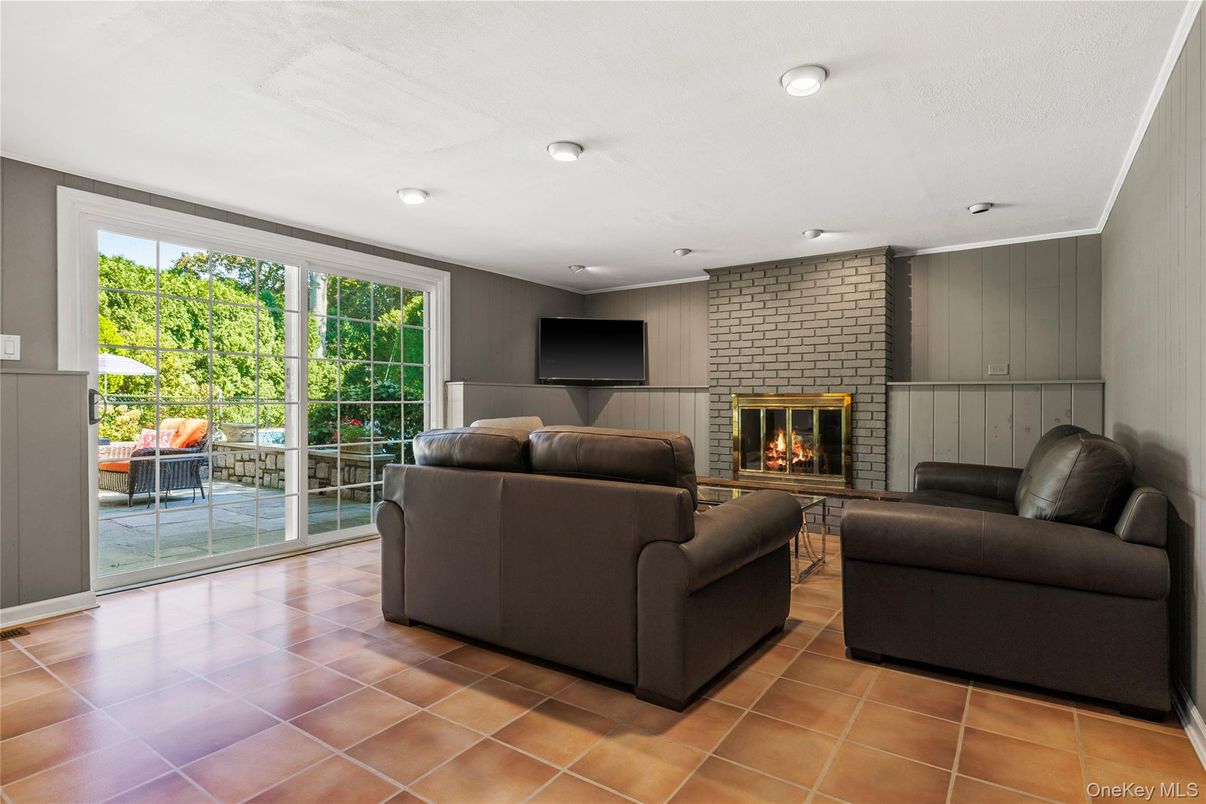 Fireplace, Interior, Living room, Recessed Lighting, Stone Walls