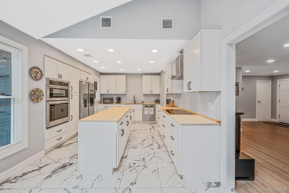 Interior, Kitchen, Marble, Recessed Lighting, Stainless Steel Appliances, Wood Texture Flooring