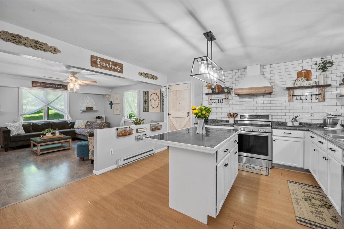 Interior, Kitchen, Living room, Pendant Lights, Stainless Steel Appliances, Wood Texture Flooring