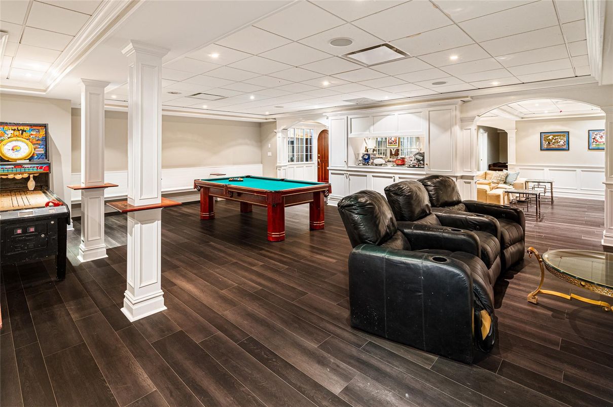 Billiard Table, Fireplace, Game Room, Interior, Recessed Lighting, Wood Texture Flooring