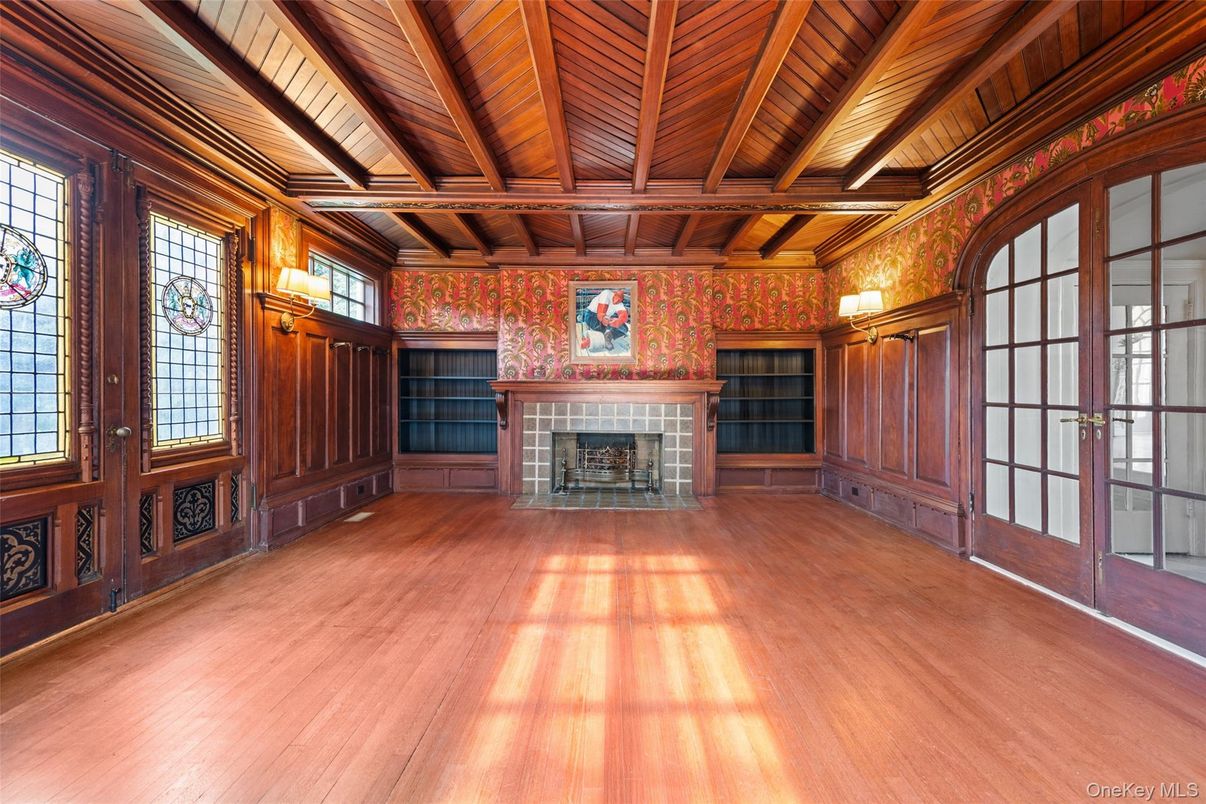 Empty room, Fireplace, Interior, Wooden Beams, Wooden Ceilings, Wood Texture Flooring, Wooden Walls
