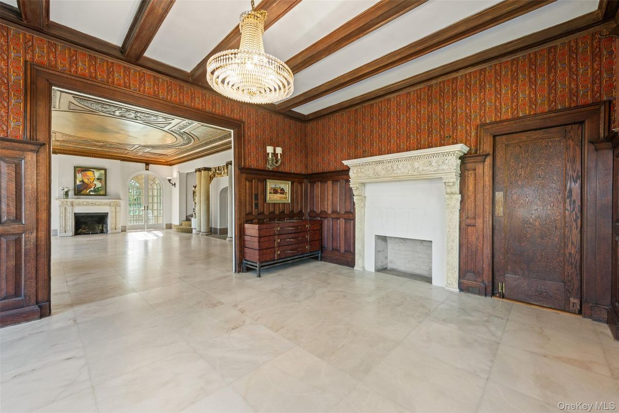 Chandelier, Fireplace, Interior, Wooden Beams