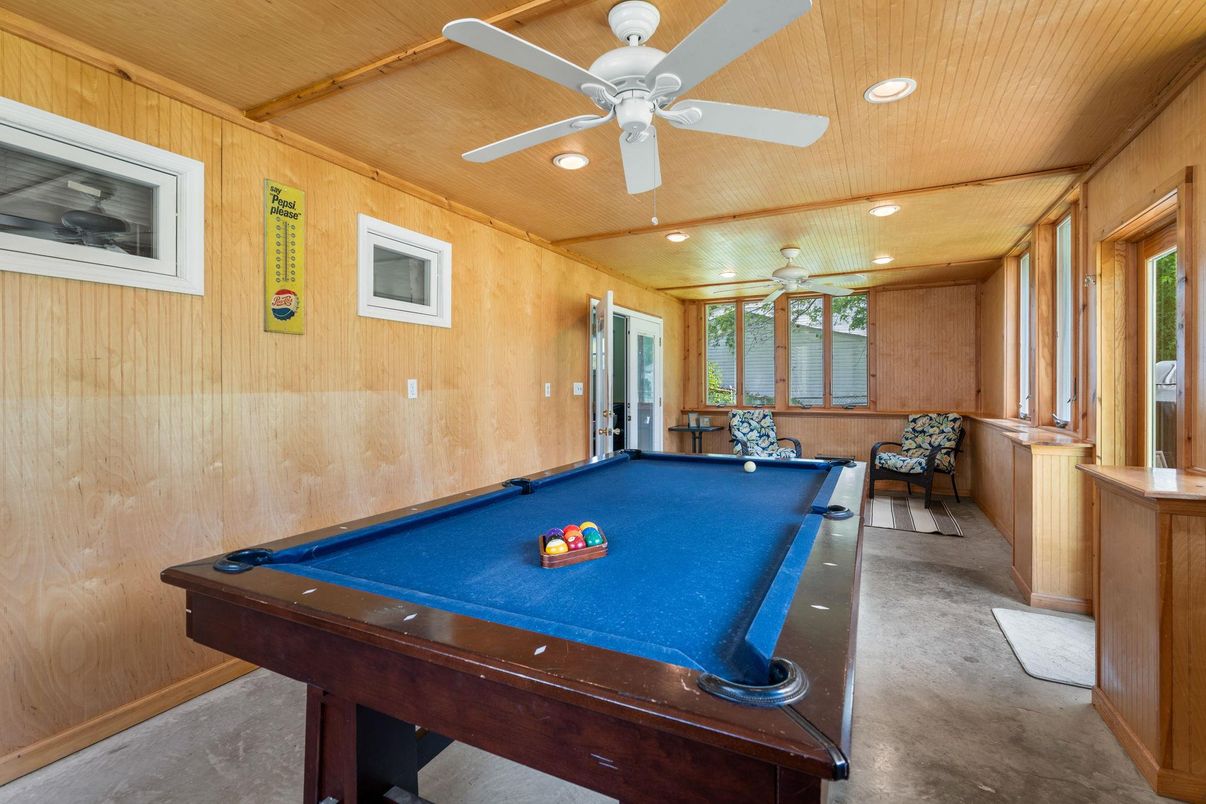 Billiard Table, Game Room, Interior, Recessed Lighting, Wooden Walls
