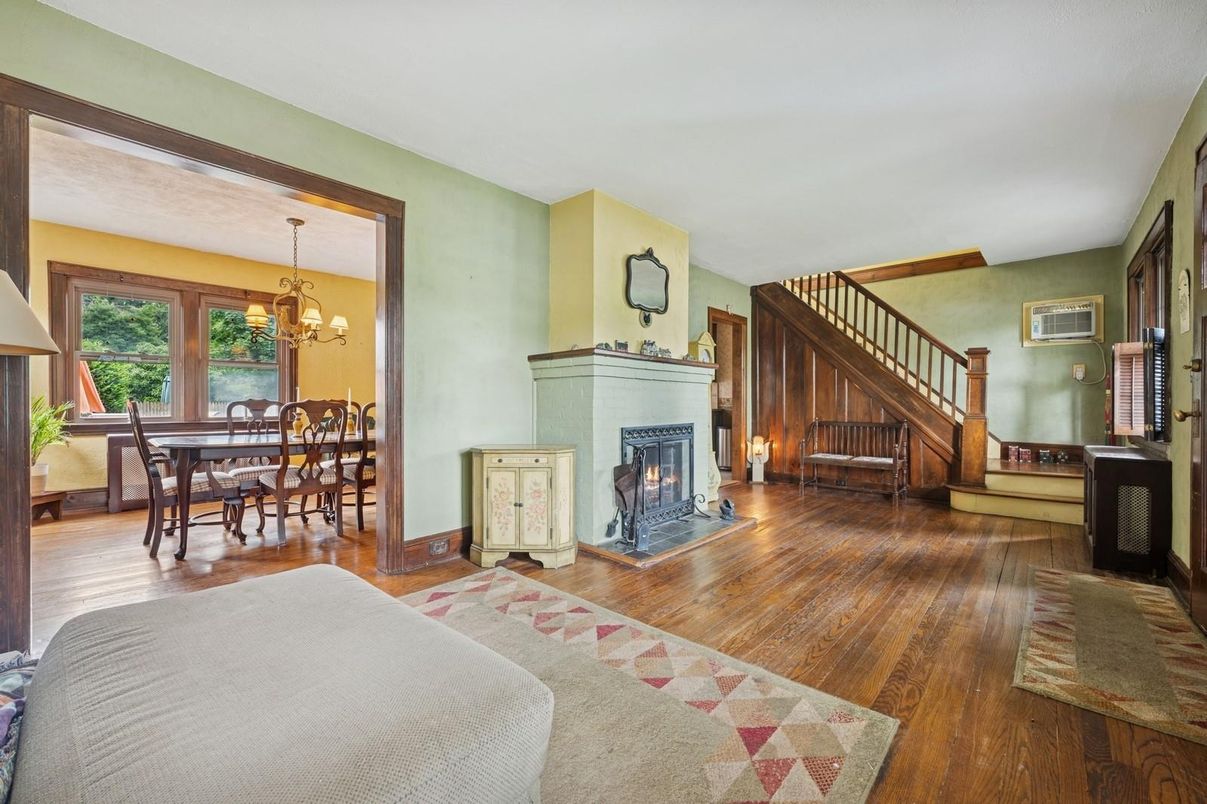 Chandelier, Dining room, Fireplace, Interior, Wooden Beams, Wood Texture Flooring