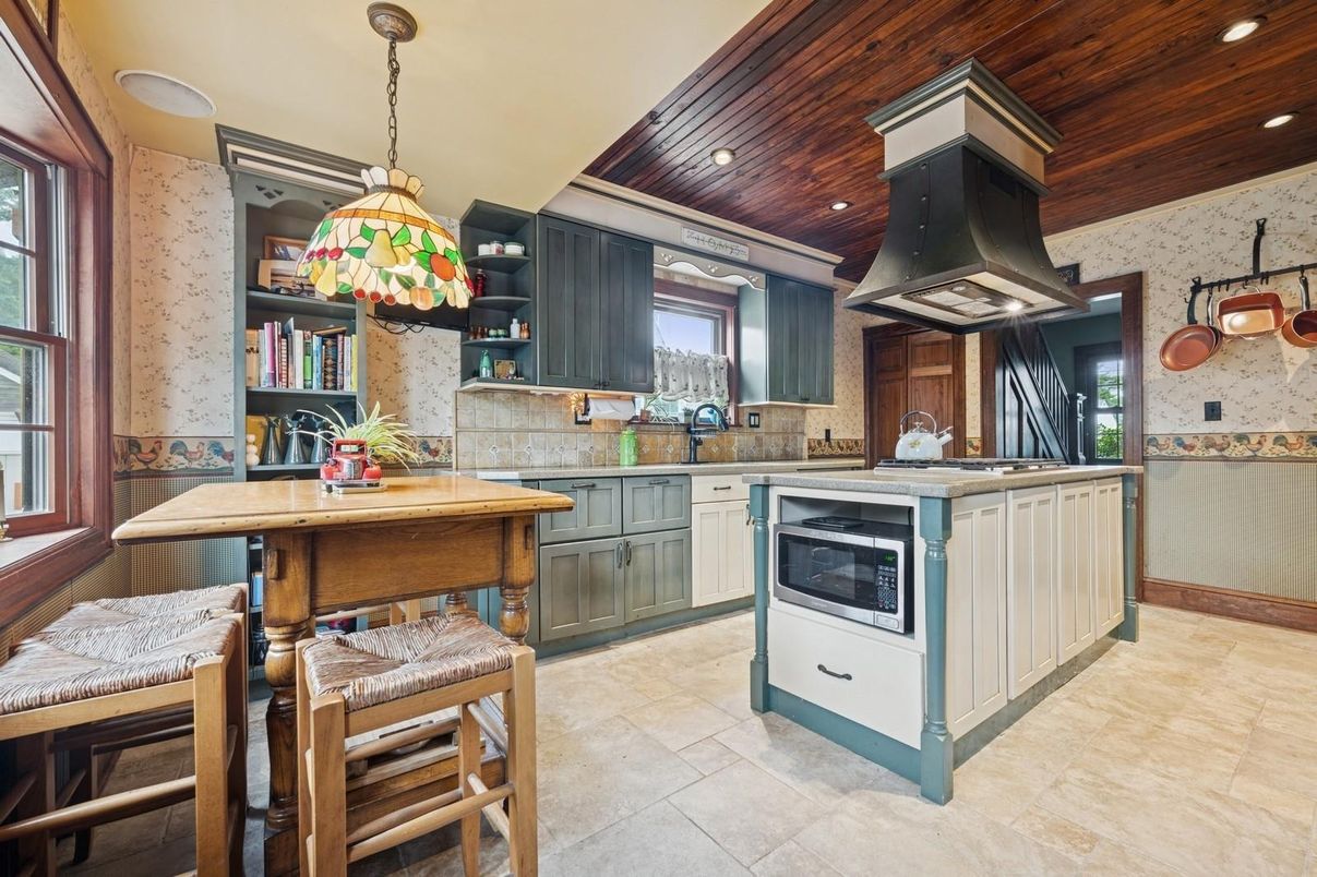 Interior, Kitchen, Pendant Lights, Recessed Lighting, Stainless Steel Appliances, Wooden Ceilings