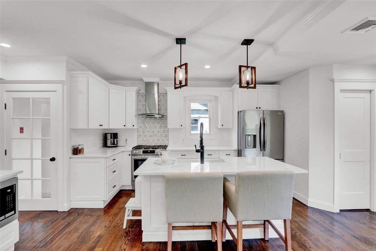 Interior, Kitchen, Pendant Lights, Recessed Lighting, Stainless Steel Appliances, Wood Texture Flooring