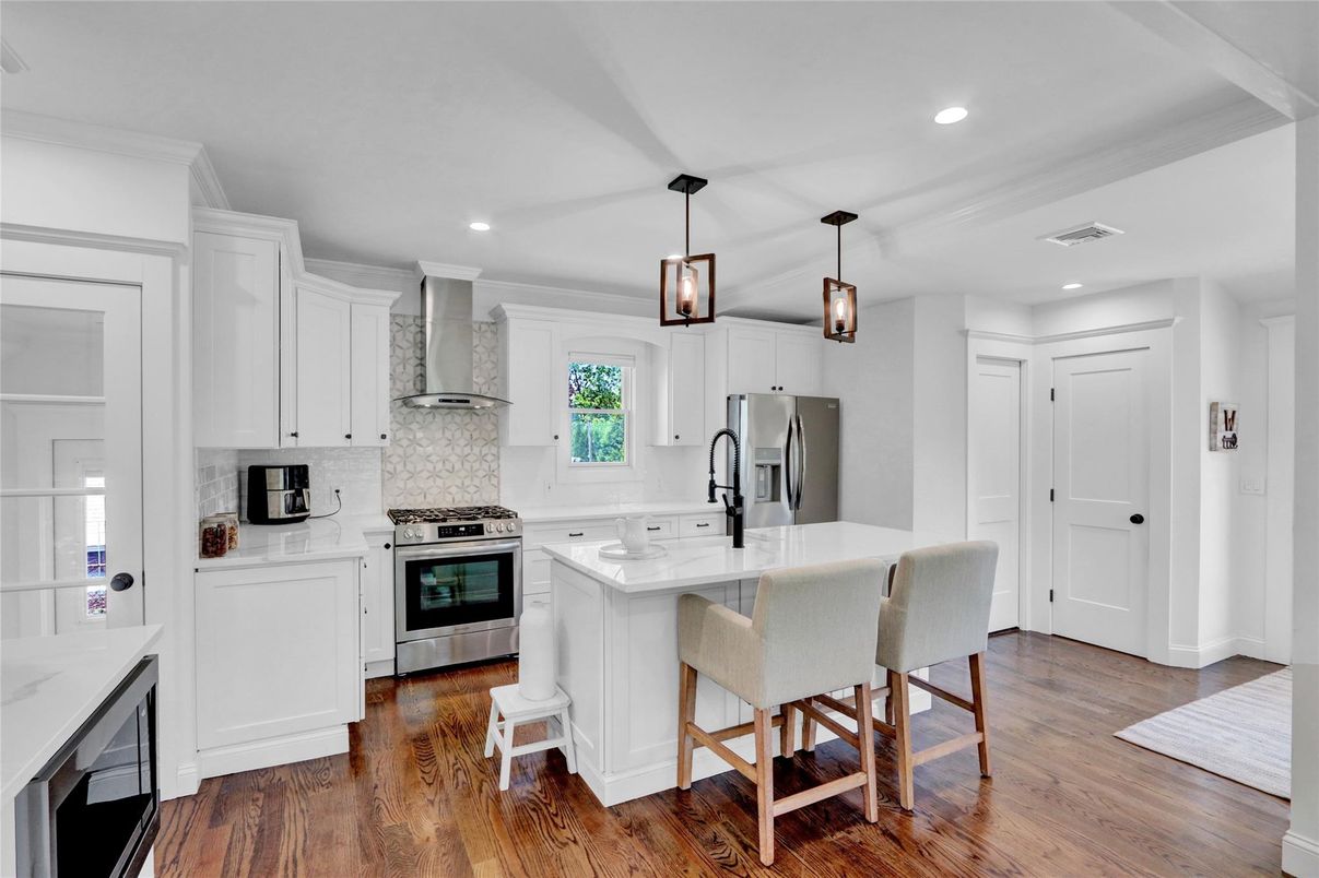 Interior, Kitchen, Pendant Lights, Recessed Lighting, Stainless Steel Appliances, Wood Texture Flooring