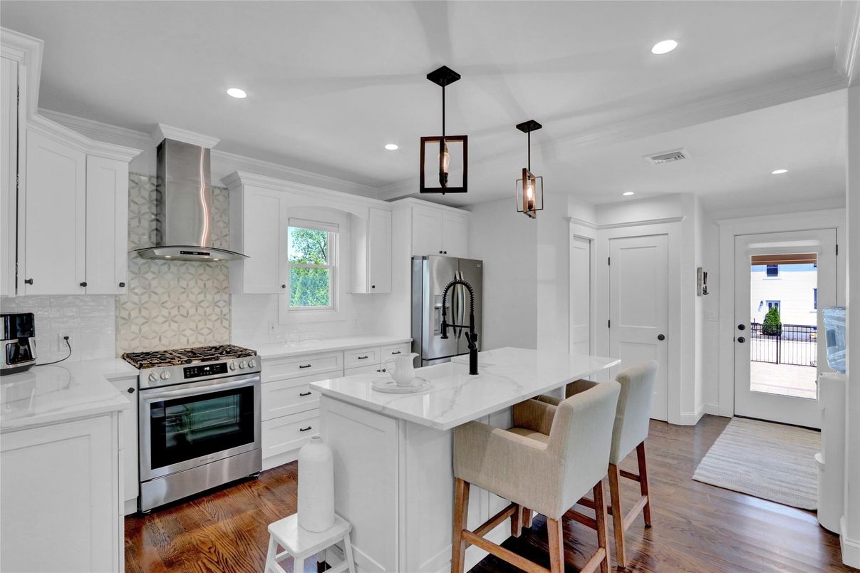 Interior, Kitchen, Pendant Lights, Recessed Lighting, Stainless Steel Appliances, Wood Texture Flooring