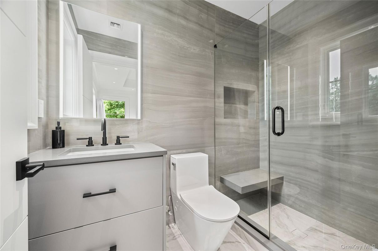 Bathroom, Glass Shower, Interior, Marble, Recessed Lighting