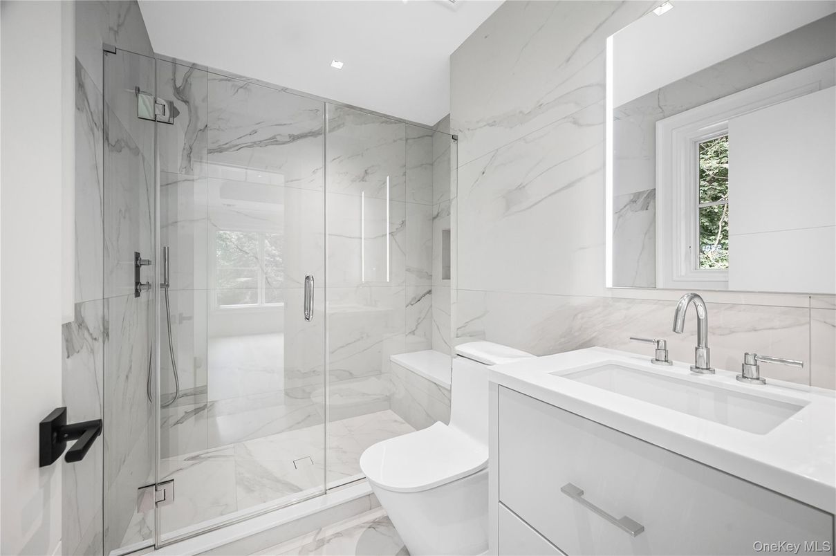 Bathroom, Glass Shower, Interior, Marble, Marble Walls, Recessed Lighting
